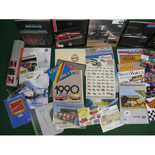 367 - Box of model car catalogues to include: Mercury, Solido and other Continental manufacturers, Matchbo... 