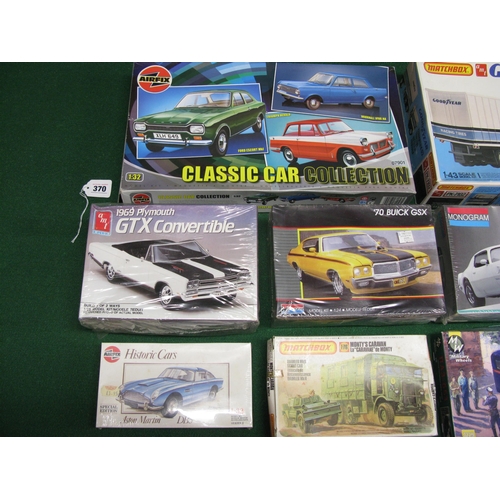 370 - Eleven unmade plastic kits of road vehicles by Airfix, Matchbox, AMT/Ertl, Military wheels and Monog... 