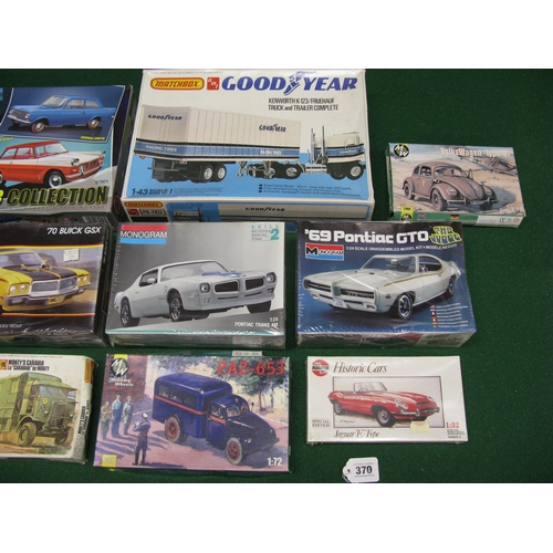 370 - Eleven unmade plastic kits of road vehicles by Airfix, Matchbox, AMT/Ertl, Military wheels and Monog... 