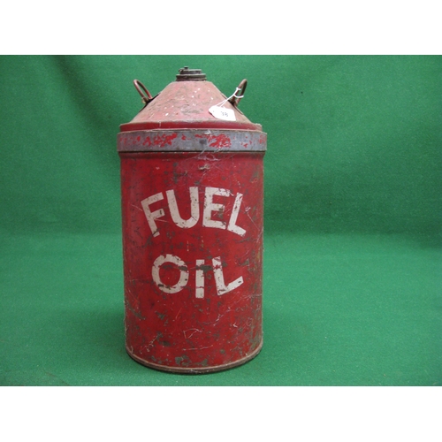 38 - Tall circular conical can with two handles and screw cap, red with white Fuel Oil lettering - 23