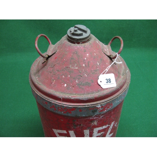 38 - Tall circular conical can with two handles and screw cap, red with white Fuel Oil lettering - 23