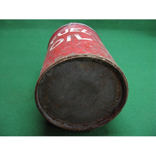 38 - Tall circular conical can with two handles and screw cap, red with white Fuel Oil lettering - 23