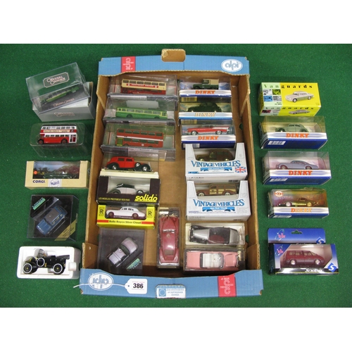 386 - Box of twenty five boxed model cars and buses from Solido, 1980's Dinky, Ertl, OOC, Corgi, Vitesse, ... 