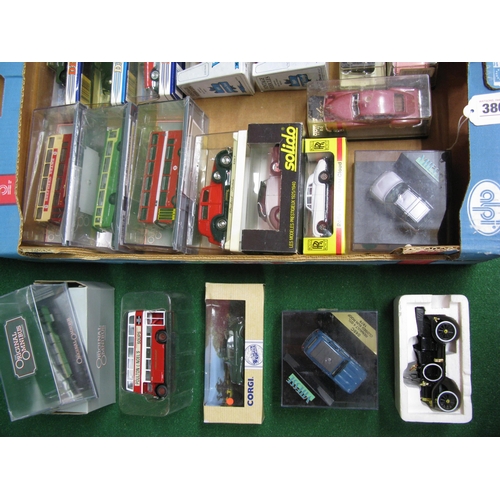 386 - Box of twenty five boxed model cars and buses from Solido, 1980's Dinky, Ertl, OOC, Corgi, Vitesse, ... 