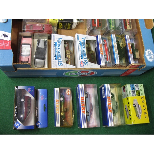 386 - Box of twenty five boxed model cars and buses from Solido, 1980's Dinky, Ertl, OOC, Corgi, Vitesse, ... 