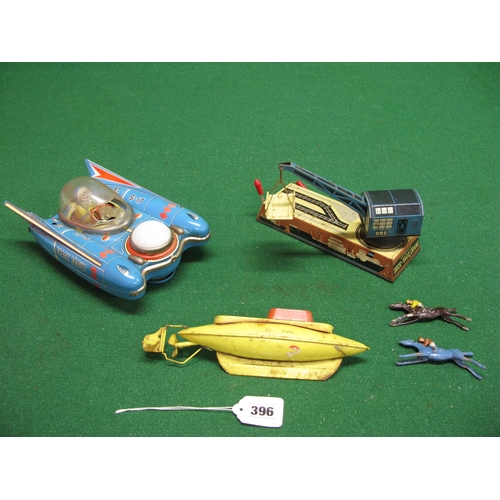 396 - Made in Japan battery powered tinplate Space Scout, a clockwork dockyard crane by Bing of Germany an... 