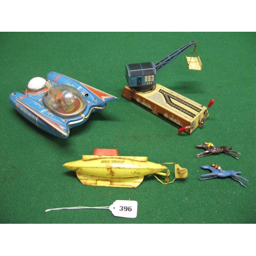 396 - Made in Japan battery powered tinplate Space Scout, a clockwork dockyard crane by Bing of Germany an... 