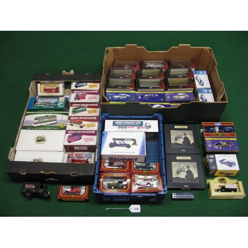 400 - Three boxes of approx forty five model cars, buses, trams, lorries, trains and fire engines by Atlas... 