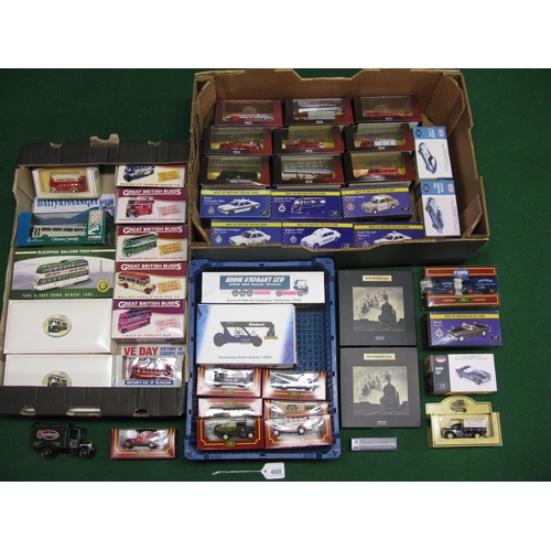 400 - Three boxes of approx forty five model cars, buses, trams, lorries, trains and fire engines by Atlas... 