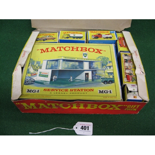 401 - Boxed US Issue (TG 7037) red and yellow Matchbox Gift Pack now containing: MG1 BP service station, c... 