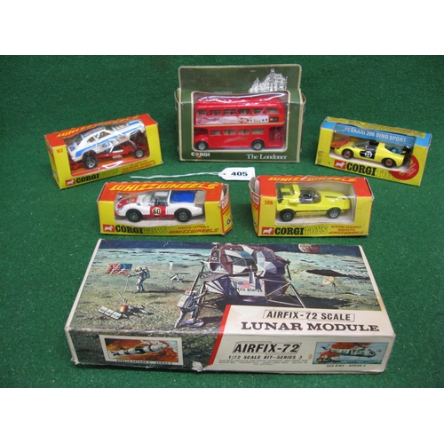 405 - Five boxed Corgi diecast vehicles to comprise: 163 Santa Pod Capri Bodied Dragster, 344 Ferrari Dino... 