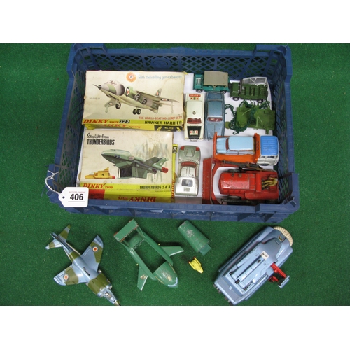 406 - Box of Dinky diecast vehicles to include: Hawker Harrier and Thunderbirds 2 and 4 with rough boxes, ... 