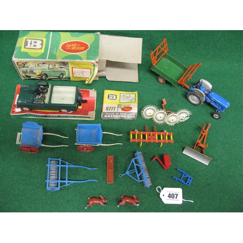 407 - Box of items from Britains to include: incomplete boxed military Land Rover, carts, implements, trac... 