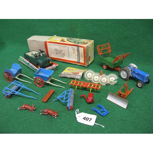 407 - Box of items from Britains to include: incomplete boxed military Land Rover, carts, implements, trac... 