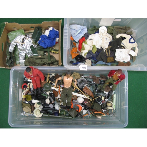 409 - Quantity of Action Man and other action dolls clothing, equipment, weapons and accessories