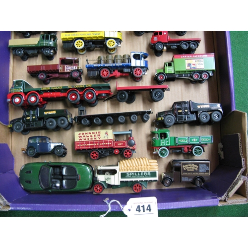 414 - Box of approx thirty two loose diecast steam lorries, vintage cars, lorries, vans and heavy haulage ... 