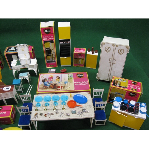 416 - Quantity of Sindy items to comprise: Camping Buggy & Tent, Dressing Table & Stool, Wall Oven, Wall C... 