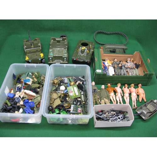 417 - Four boxes of Action Man, Tommy Gunn and other action figures, weapons, clothing, equipment, vehicle... 