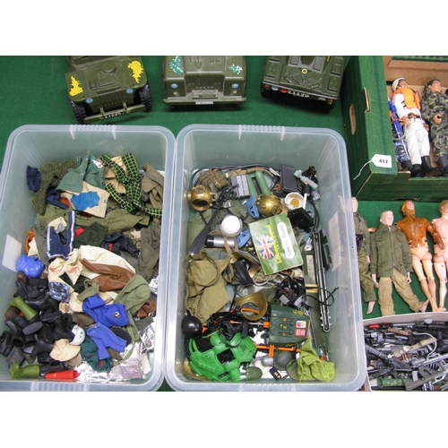 417 - Four boxes of Action Man, Tommy Gunn and other action figures, weapons, clothing, equipment, vehicle... 