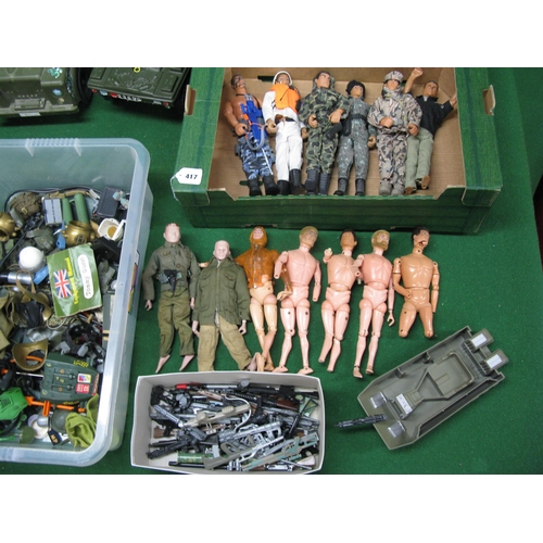 417 - Four boxes of Action Man, Tommy Gunn and other action figures, weapons, clothing, equipment, vehicle... 