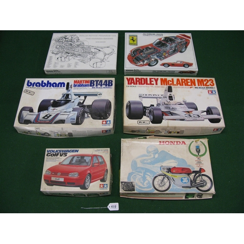 419 - Three boxed Tamiya plastic car kits to comprise: 1:12 scale Martini-Brabham BT44B and Yardley-McLare... 