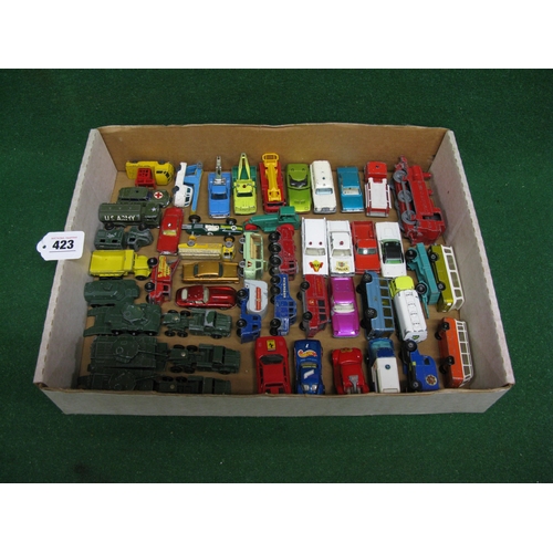 423 - Box of approx forty eight loose playworn Lesney/Matchbox, Husky, Hot Wheels, Corgi Junior and Budgie... 