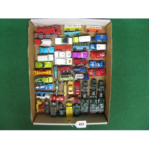 423 - Box of approx forty eight loose playworn Lesney/Matchbox, Husky, Hot Wheels, Corgi Junior and Budgie... 