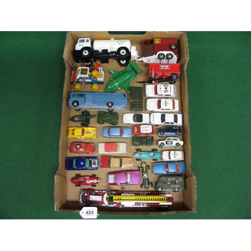 424 - Box of loose playworn Corgi, Dinky and Britain's diecast vehicles to include: Police mini, US Army f... 