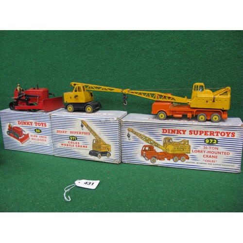 431 - Five boxed Dinky items to comprise: 564 Elevator loader in blue box, 961 Bulldozer, 971 Coles crane ... 