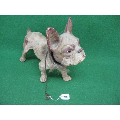 445 - Possibly 19th century papier mache flock covered French Bulldog with nodding head, articulated jaw, ... 