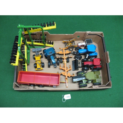 446 - Box of farm tractors and implements of unknown manufacture