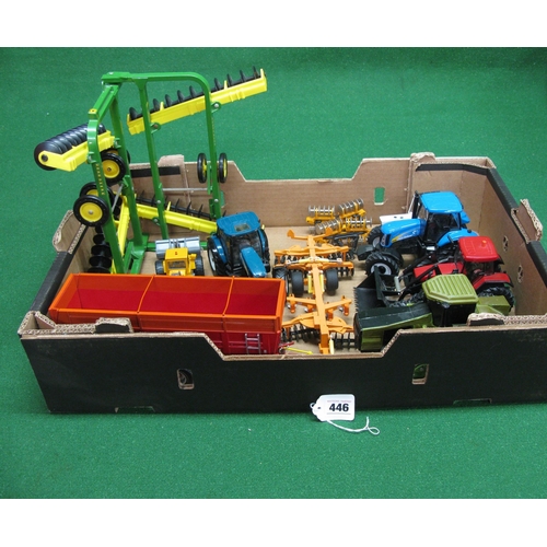 446 - Box of farm tractors and implements of unknown manufacture