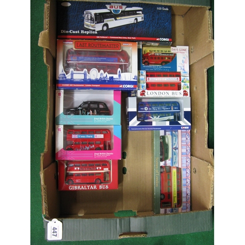 447 - Box of boxed buses and taxis from Corgi, Simpson Souvenirs, OOC etc