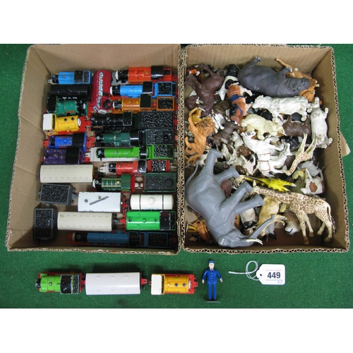 449 - Box of Thomas The Tank Engine items from Ertl together with a box of plastic wild and farm animals f... 