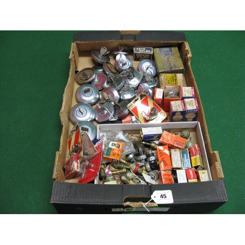 45 - Box of assorted petrol caps, boxed and loose small electrical items, bulbs, contact sets etc