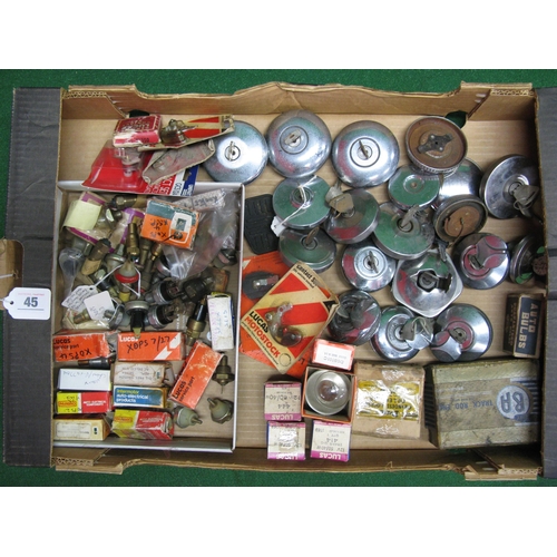 45 - Box of assorted petrol caps, boxed and loose small electrical items, bulbs, contact sets etc