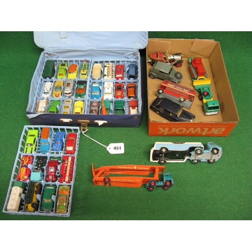 451 - Matchbox carry case with three full baskets and loose larger diecast vehicles all from Corgi, Dinky,... 