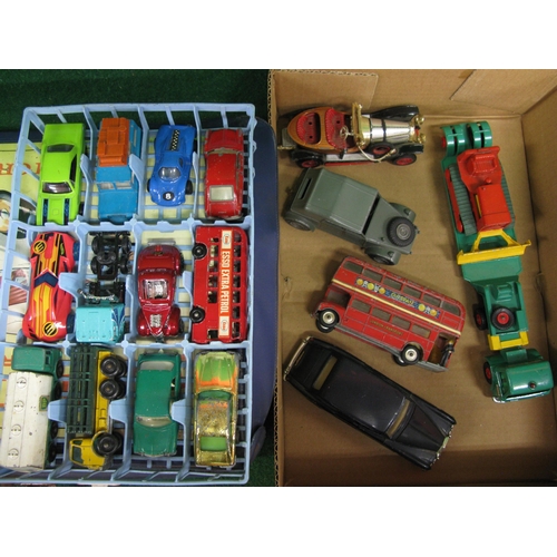 451 - Matchbox carry case with three full baskets and loose larger diecast vehicles all from Corgi, Dinky,... 