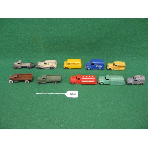 453 - Ten early playworn Dinky lorries and vans to include: two different Kodak vans, ambulance and petrol... 