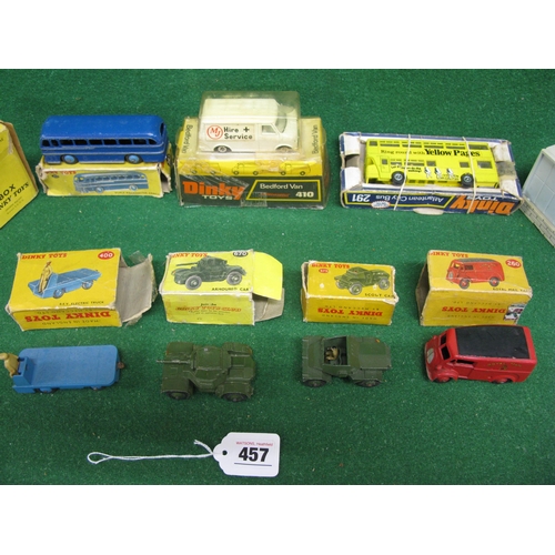 457 - Eight Dinky items in rough boxes to comprise: 260 Royal Mail van, 282 Duple coach, 291 Yellow Pages ... 