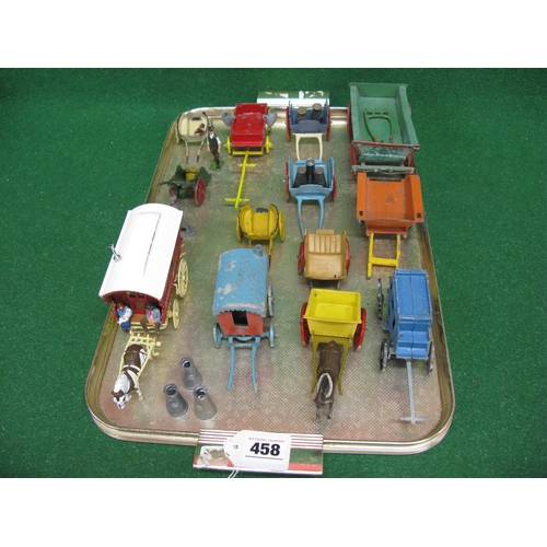 458 - Tray of diecast horse drawn carts, figures and loads from Britains, Charbens, Crescent etc together ... 