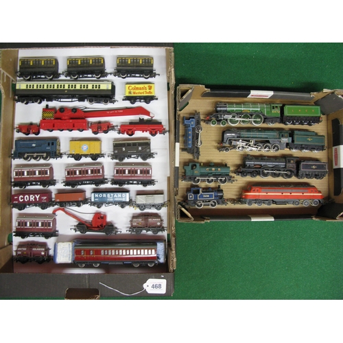 468 - Two boxes of loose OO gauge rolling stock to include: eight locomotives, eight carriages, nine wagon... 