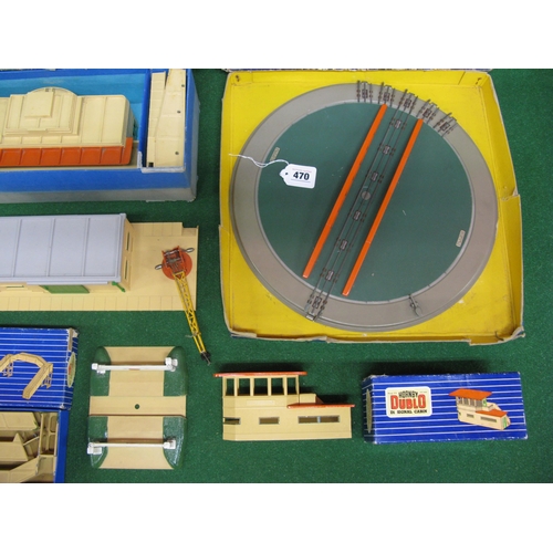 470 - Two boxes of loose and boxed Hornby Dublo accessories to include: stations, platforms, shelters, tur... 