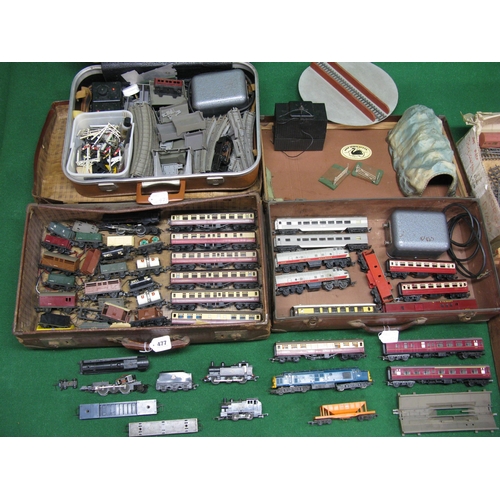 477 - Loft find collection of Triang trains in two boxes and three suitcases to include: rolling stock, tr... 