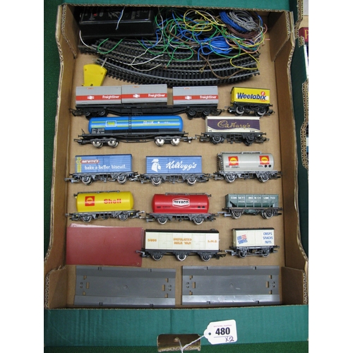 480 - Two boxes of loose 1980's Hornby OO to include: an HST blue and grey Pullmans, car transporter with ... 