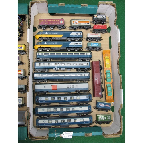 480 - Two boxes of loose 1980's Hornby OO to include: an HST blue and grey Pullmans, car transporter with ... 