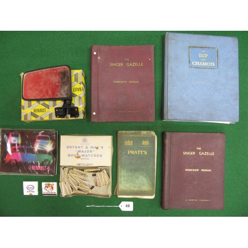 49 - Workshop manuals for Singer Gazelle and Rootes Imp, chamois, Pratts road atlas, box of Bryant & May ... 