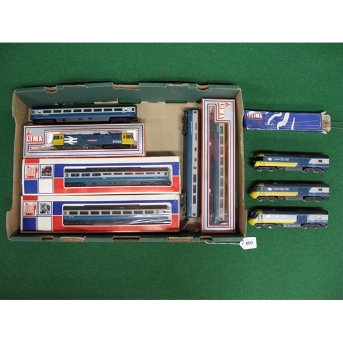 490 - Box of 1980's Lima OO BR blue and grey era rolling stock to include: Class 87 Cock O The North, HST ... 