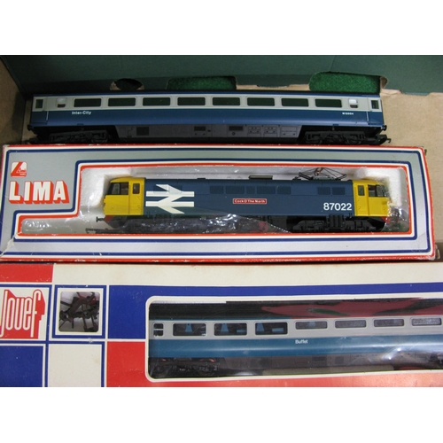 490 - Box of 1980's Lima OO BR blue and grey era rolling stock to include: Class 87 Cock O The North, HST ... 