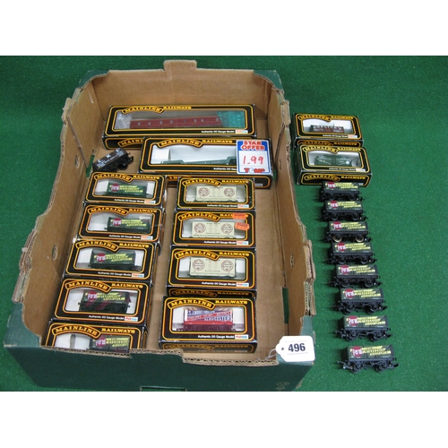 496 - Box of 1970's/1980's Mainline 00 rolling stock to comprise: LMS maroon parcels van and bogie well-wa... 